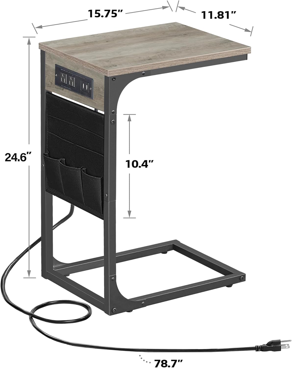 TUTOTAK C Shaped End Table with Charging Station, Side Table for Sofa, Couch Table with Storage Bag, TV Tray Table with 2 USB Ports and Outlets for Living Room, Bedroom TB01BG024