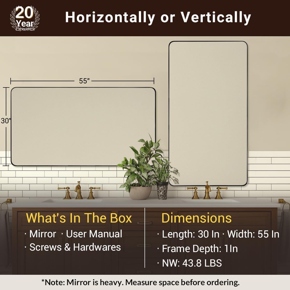 ANDY STAR Black Bathroom Mirrors for Over Sink, 30x55 Inch Matte Black Mirror for Bathroom, Rectangle Metal Vanity Mirror for Wall-Modern Clean Design with Superior Stainless Steel Frame