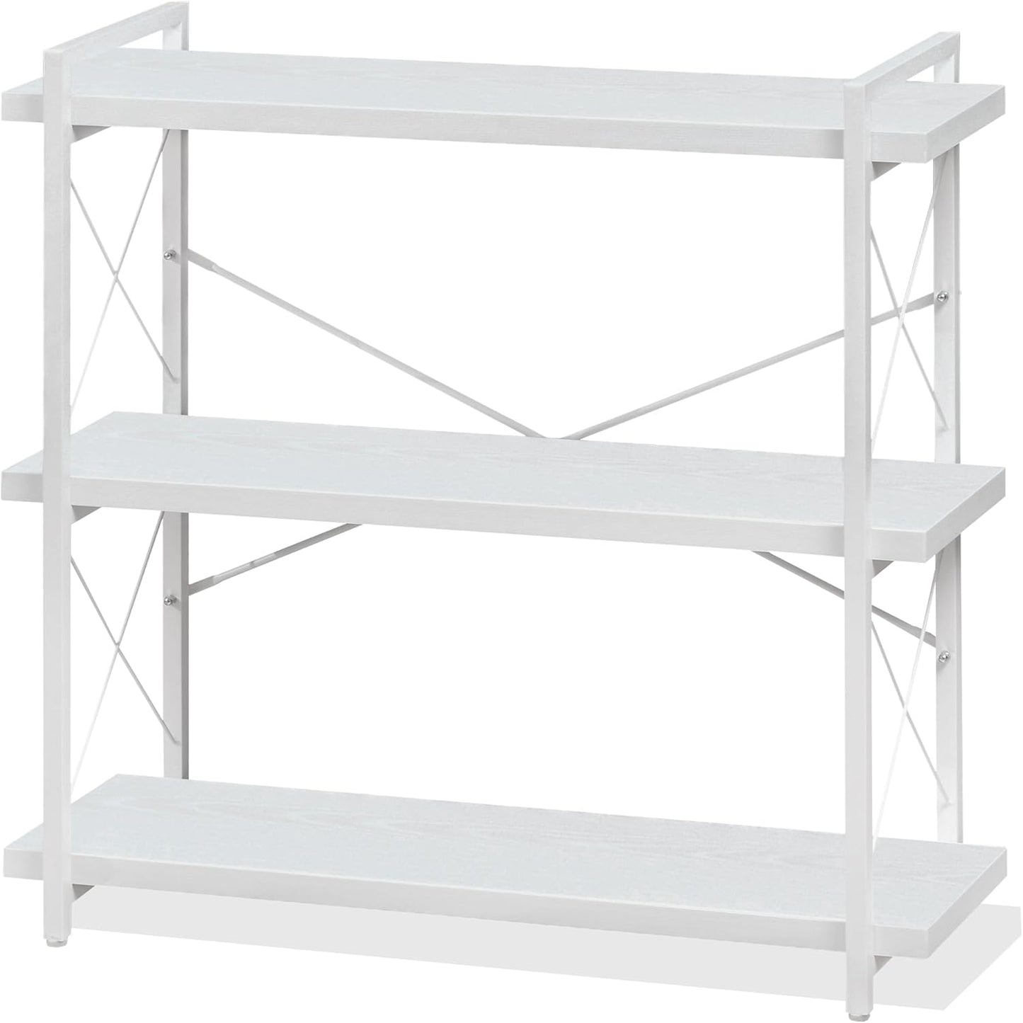 HCHQHS Bookshelf, 3-Tier Industrial Bookcase, White Open Book Shelf, Freestanding Horizontal Bookshelves with Metal Frame