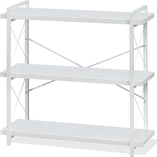 HCHQHS Bookshelf, 3-Tier Industrial Bookcase, White Open Book Shelf, Freestanding Horizontal Bookshelves with Metal Frame