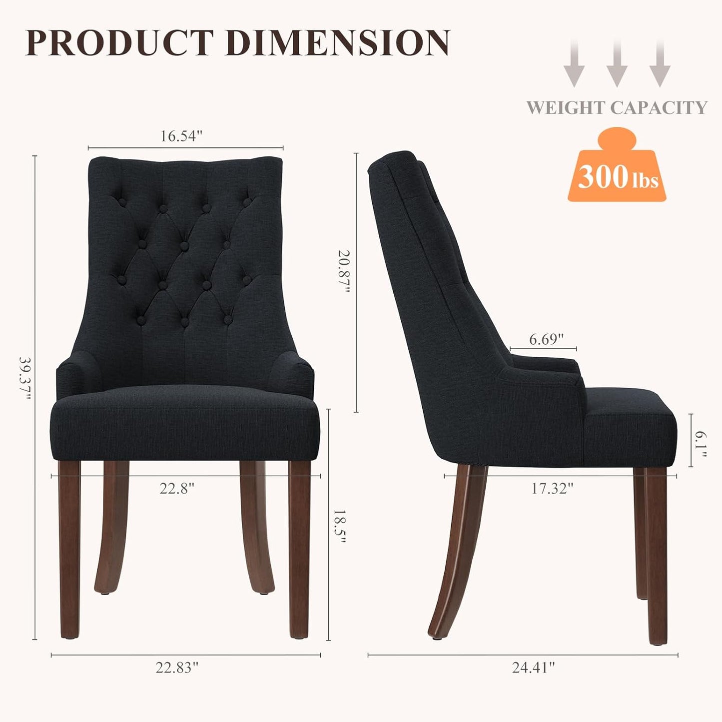 COLAMY Wingback Upholstered Dining Chairs Set of 2, Fabric Side Dining Room Chairs with Tufted Button, Living Room Chairs for Home Kitchen, Black