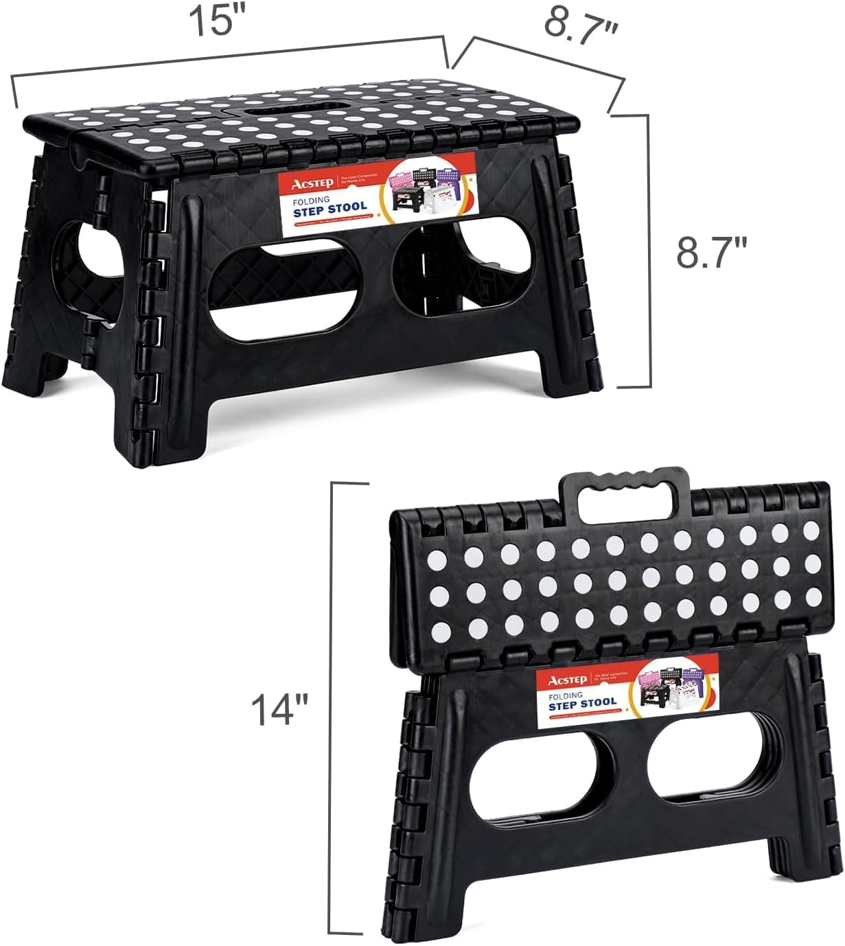ACSTEP Folding Step Stool, 15-Inch Extra Wide 9Inch Height Heavy Duty Stepping Stool More Safe and Comfortable Non Slip Foldable Step Stool for Kids and Adults Black, 10 Pack