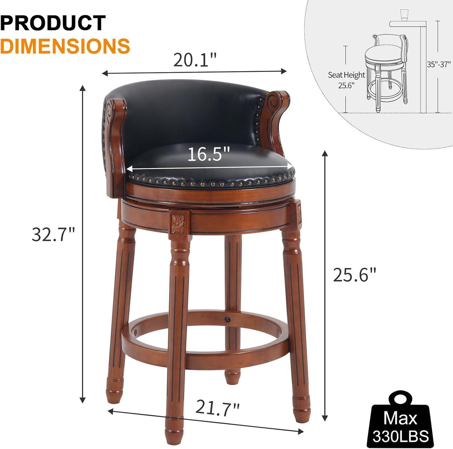 Cow top Leather Wooden Bar Stools, 29.5" Bar Height Bar Chair with Back, 180 Degrees Swivel Barstools Chair for Home Kitchen Counter,Dining Room (Black-1pc, Bar Height-Seat Height 29.5”)