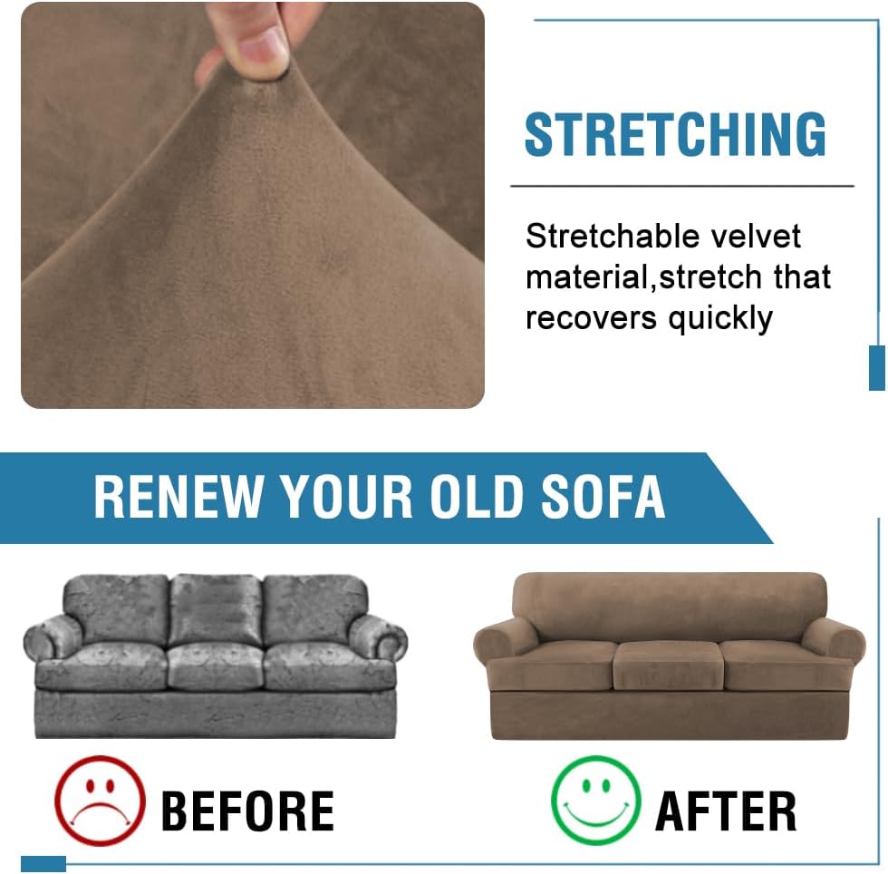 H.VERSAILTEX Sofa Cover 4 Piece T Cushion Sofa Slipcovers Thick Velvet Couch Cover Stretch T Cushion Sofa Covers for 3 Cushion Couch with 3 Individual T Cushion Covers, Mocha