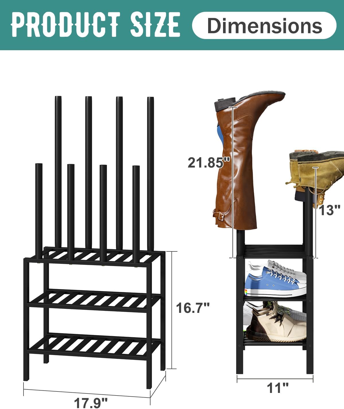 Black Boot Rack, Small Boot Rack Organizer Tall Boots with Shoe Rack for Closet, Bamboo Wood Shoe Shelf Storage Organizer for Entryway Small Space