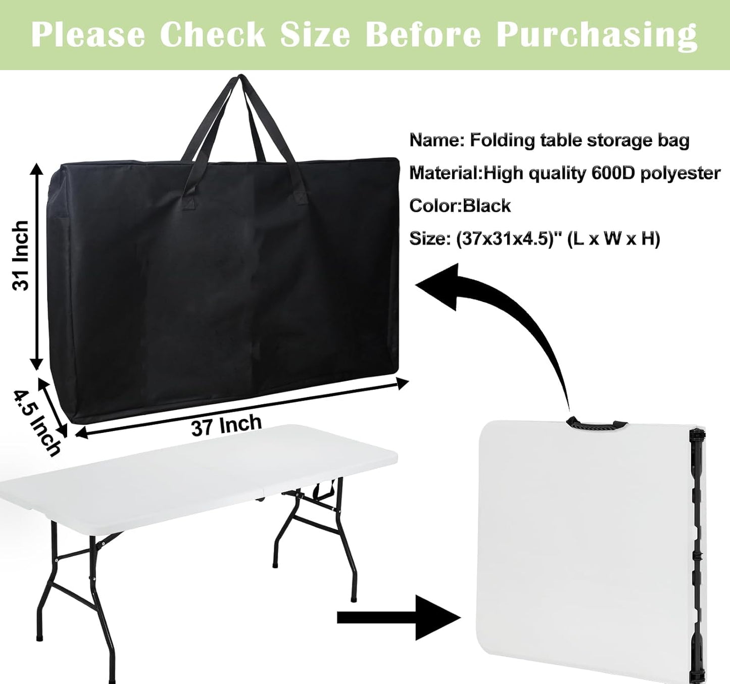 4/6/ 8 Foot Folding Table Storage Bag, Waterproof Heavy Duty Large Carrying Bag for Folding Tables, Picnic/Camp Tables Cover with Durable Zipper & Shoulder Strap, 31" D X 37" W X4.5 H, Black