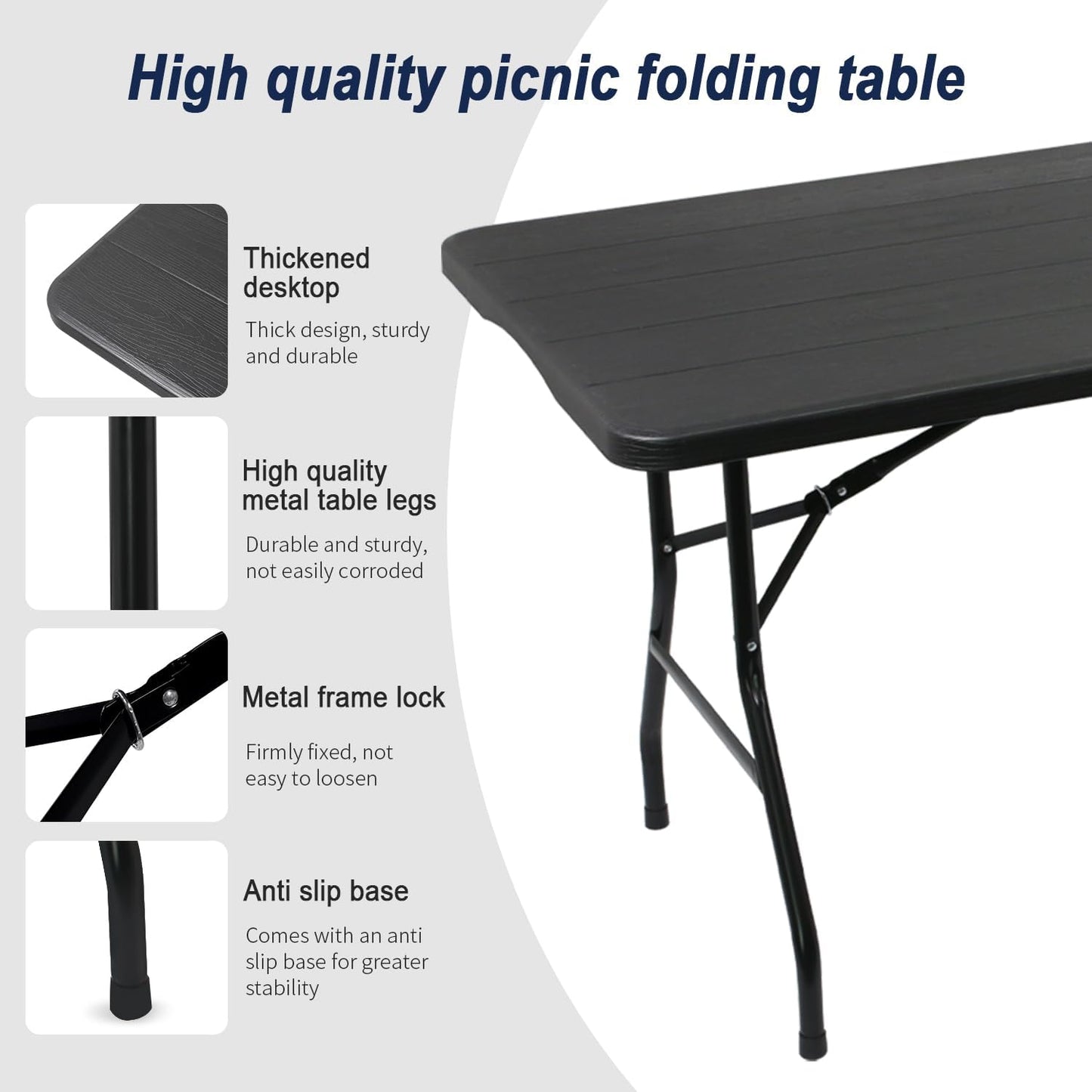 70.8" W X 29" D X 29" H - 6 ft Folding Table Black Wood Grain Portable Heavy Duty Plastic Fold-in-Half Utility Foldable Table for Camp，Picnic & Party