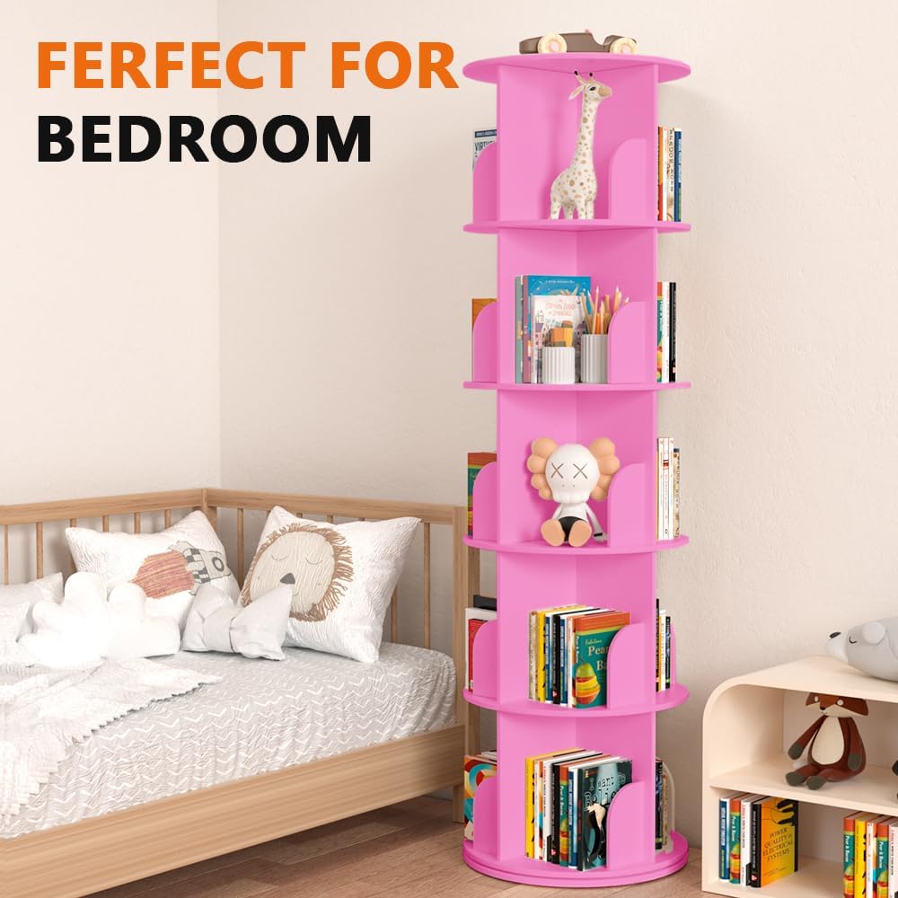 Nidouillet Rotating Bookshelf Tower, 5 Tier Spinning Bookcase Lazy Susan, Revolving 360 Book Shelf Storage Round Organizer, Vertical Rotate Turning Corner Book Case for Small Space, Pink