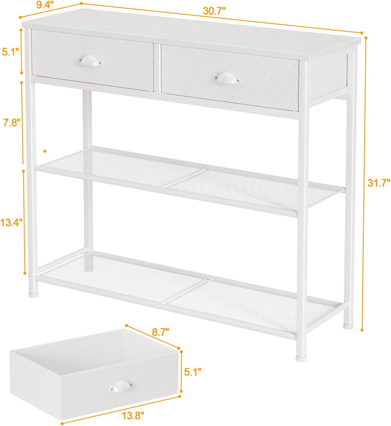 Furologee 30'' Entryway Table, White Console Table with Storage, Narrow Sofa Table with 2 Drawers and 2 Shelves for Hallway, Living Room, Bedroom, Foyer, Couch, Tv
