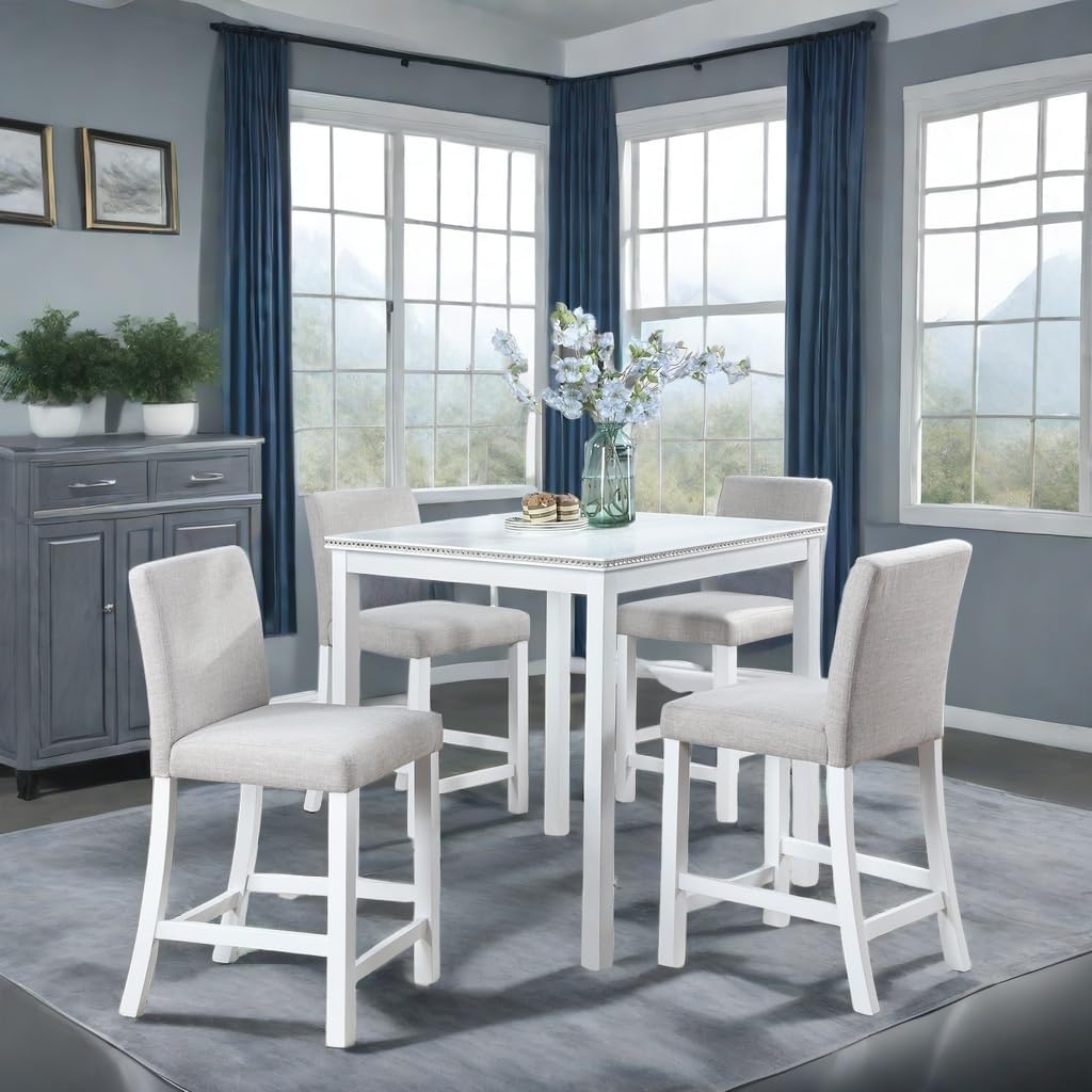 Dining Table Set for 4, Counter Height, Square, White - Easy to Assemble, Includes 4 Upholstered Chairs for Living, Dining, Guest Room