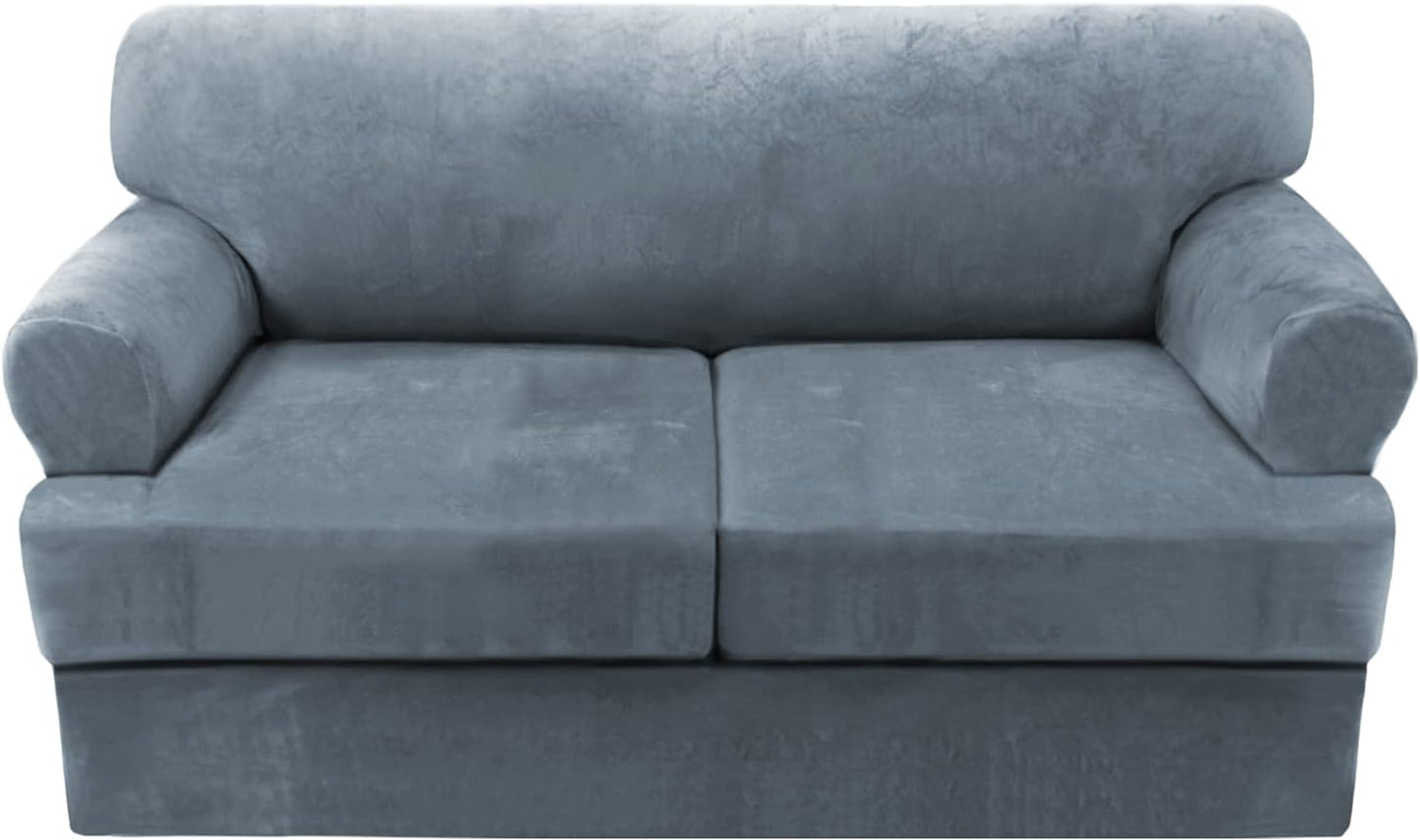 H.VERSAILTEX Sofa Cover 3 Piece T Cushion Loveseat Slipcovers Thick Velvet Couch Cover Stretch T Cushion Sofa Covers for 2 Cushion Couch with 2 Individual T Cushion Covers Washable, Stone Blue