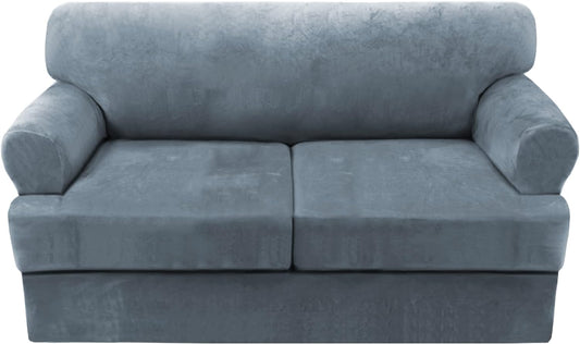 H.VERSAILTEX Sofa Cover 3 Piece T Cushion Loveseat Slipcovers Thick Velvet Couch Cover Stretch T Cushion Sofa Covers for 2 Cushion Couch with 2 Individual T Cushion Covers Washable, Stone Blue