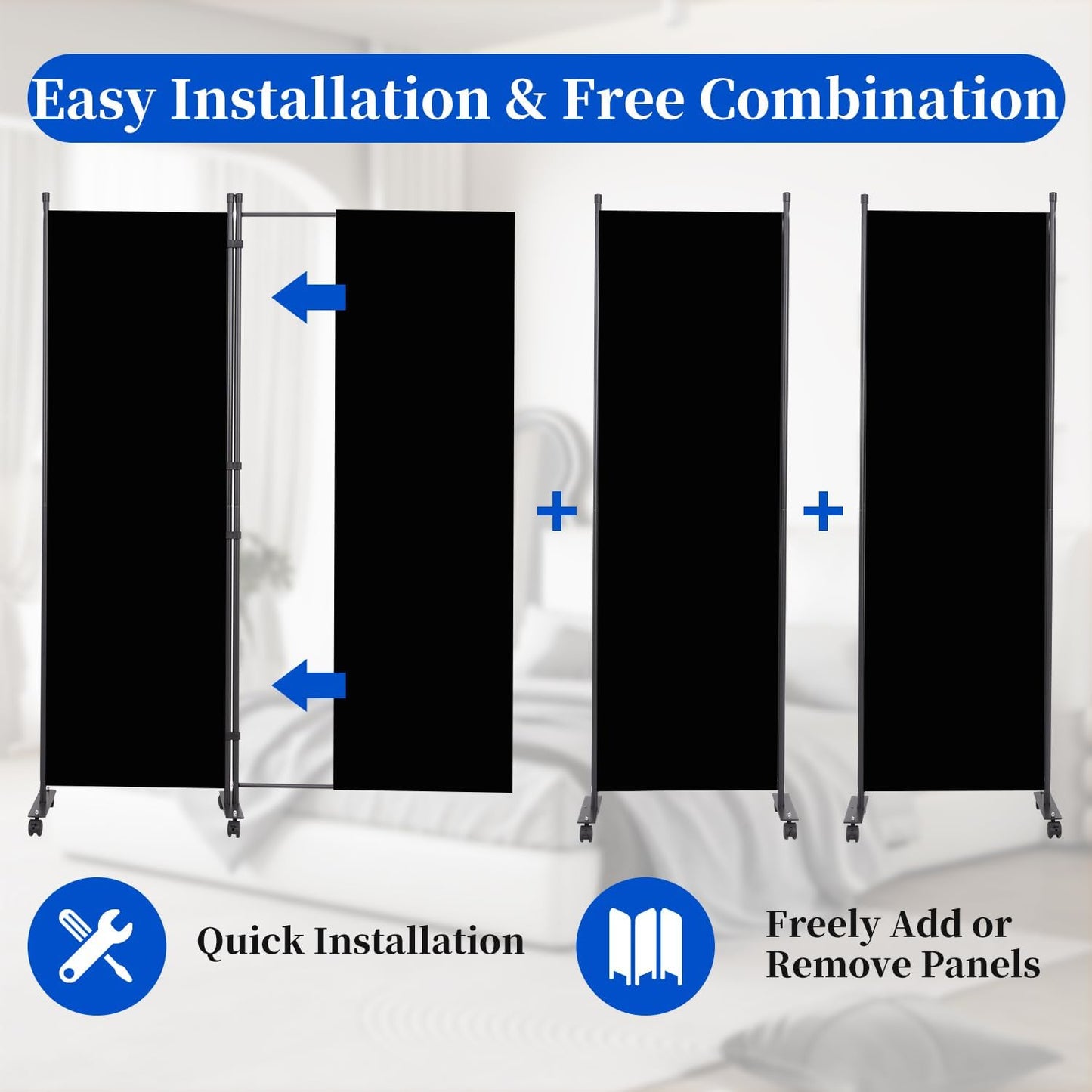 Room Divider 6FT Room Partition with Lockable Wheels,4 Panel (Thicked Metal Base) Room Dividers, Freestanding Indoor Folding Privacy Screens, Portable Fabric Wall Divider for Room Separation, Black