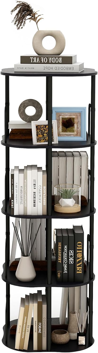 4-Tier Rotating Bookshelf, 360 ° Display Stackable Spinning Bookshelf Tower, Narrow Space Saving Tall Floor Standing Swivel Bookcase Corner Organizer for Bedroom, Living Room, Black