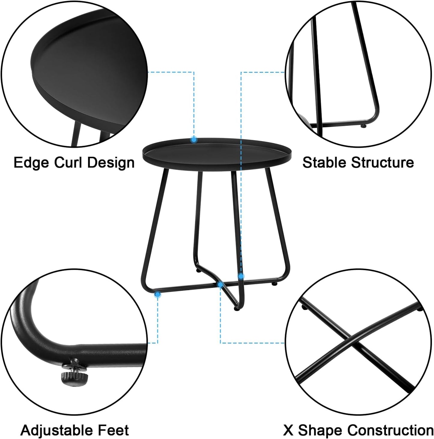 Dia.17.7ins Steel Round Coffee Table, Steel Tray Table, Side Table, Outdoor and Indoor Use, Weather Resisitant, Patio, Balcony, Garden, Backyard (Black)