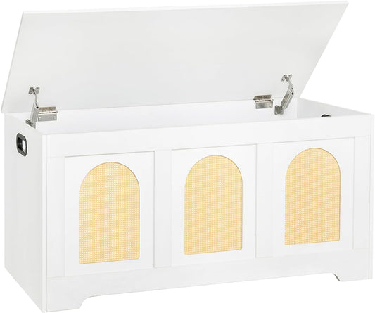 DINZI LVJ Storage Chest, 39.4" Rattan-Like Storage Box with 2 Safety Hinges, Wooden Entryway Shoe Bench with Flip-Top, Trunk for Living Room, Bedroom, Easy Assembly, White and Natural