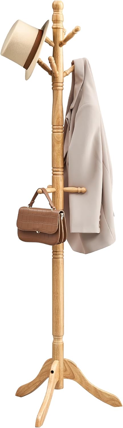 VASAGLE Solid Wood Coat Rack and Stand, Free Standing Hall Coat Tree with 10 Hooks for Hats, Bags, Purses, for Entryway, Hallway, Rubberwood, Natural Beige URCR003Y01