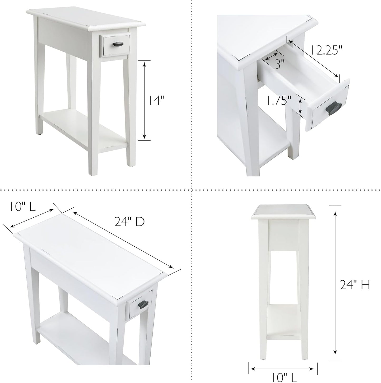 Haven Ridge Narrow End Table, Solid Wood Side Table with Drawer and Shelf, Farmhouse White, Perfect for Living Rooms, Bedrooms, and Small Spaces – Leick Home, 214361