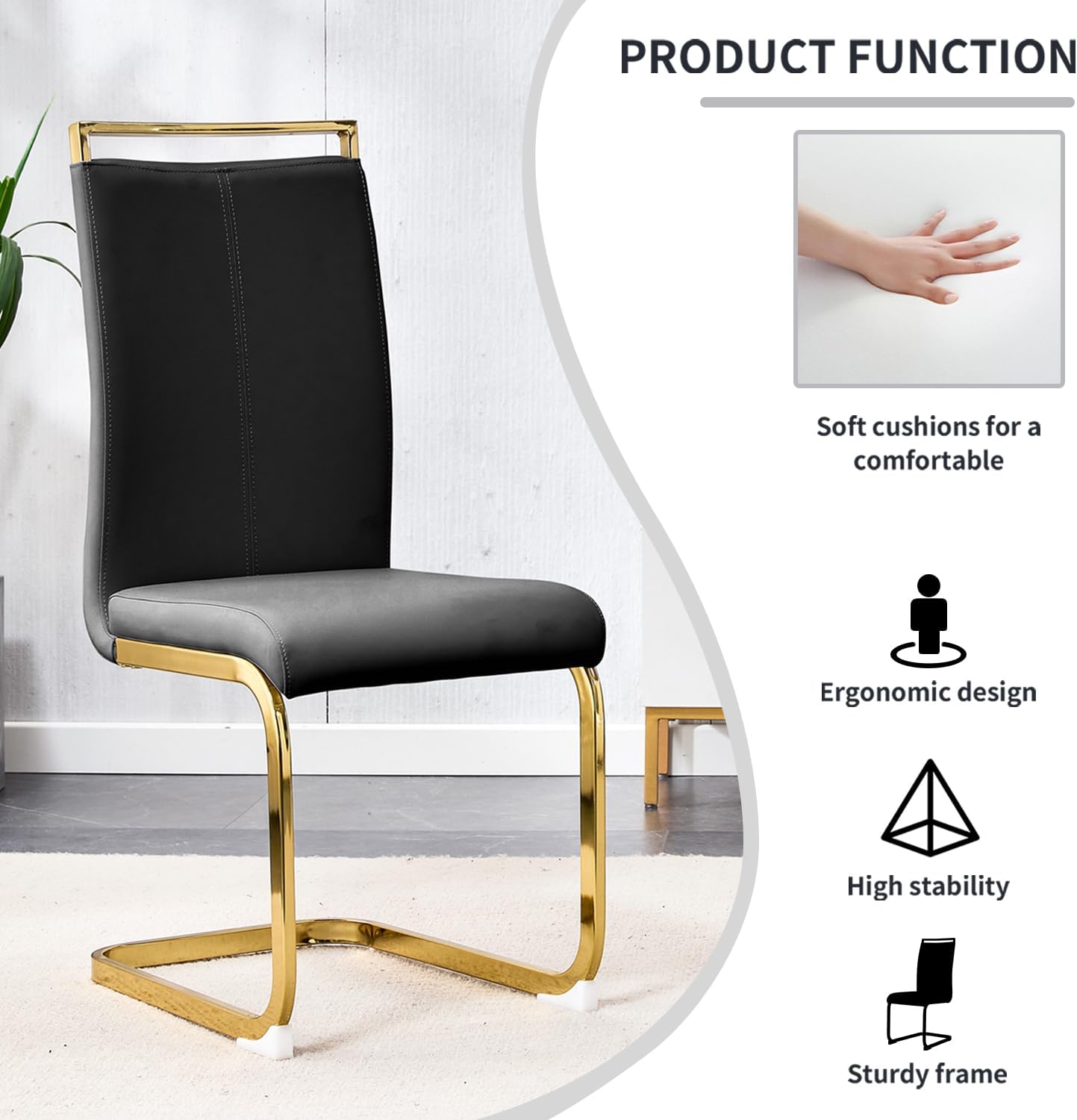 Modern Dining Chairs Set of 4,High Back Black Kitchen Chairs,Faux Leather Side Chair with Gold Plated Metal Legs,Easy to Clean Upholstered Dining Chairs,Ideal for Living Room(Gold Leg)