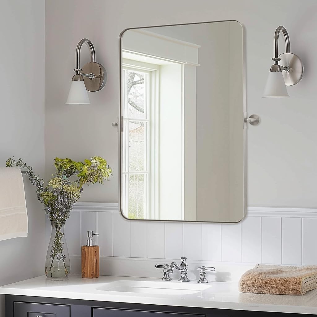 MOON MIRROR Brushed Nickel Pivot Mirror for Bathroom, Tilt Rounded Rectangle Bathroom Vanity, Overall 24.33 x 30 in (Mirror 20x 30 in)