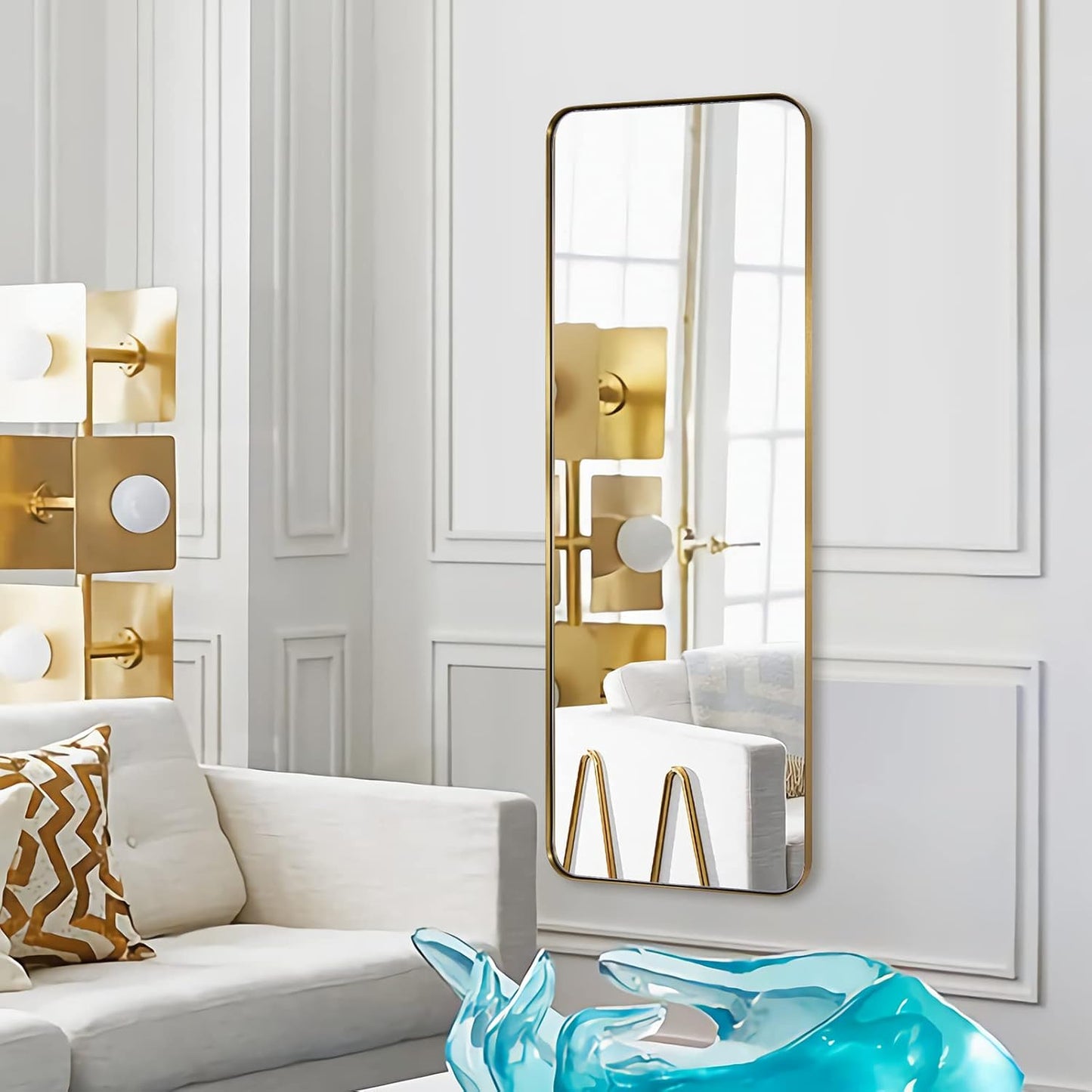 ANDY STAR 18" x 48" Full Length Wall Mirror, Large Brushed Gold Mirror for Bathroom, Rounded Corner Rectangle Body Mirror for Floor and Leaning
