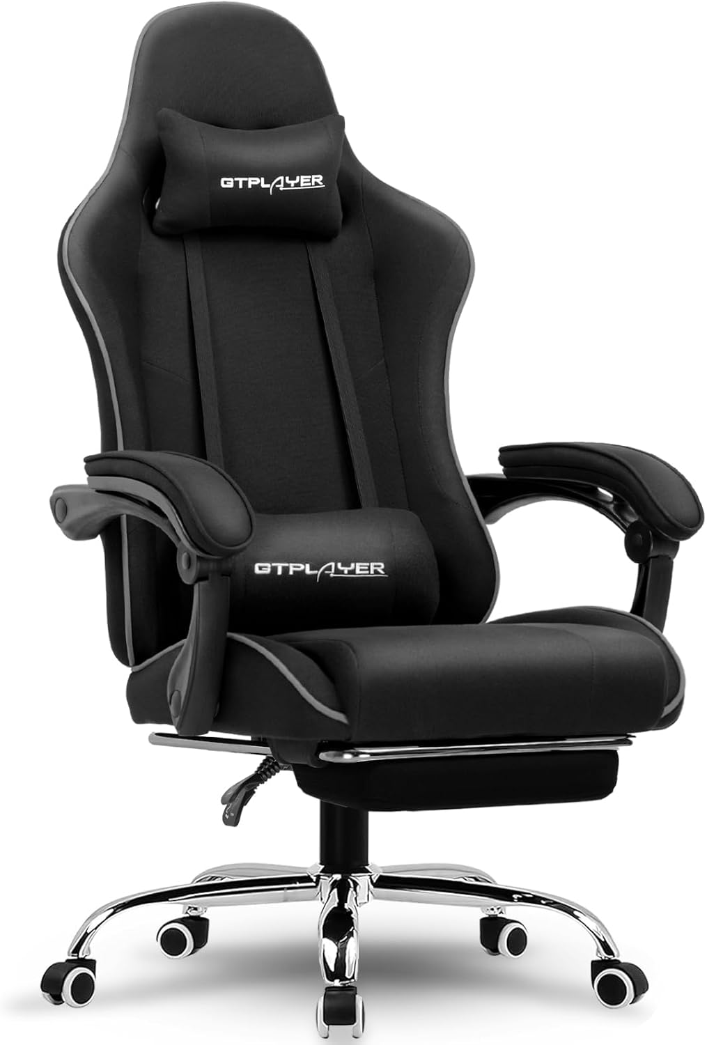 GTPLAYER Gaming Chair with Footrest, Computer Chair with and Lumbar Support, Height Adjustable Game Chair with 360°-Swivel Seat and Headrest and for Office or Gaming (All Black-Fabric)
