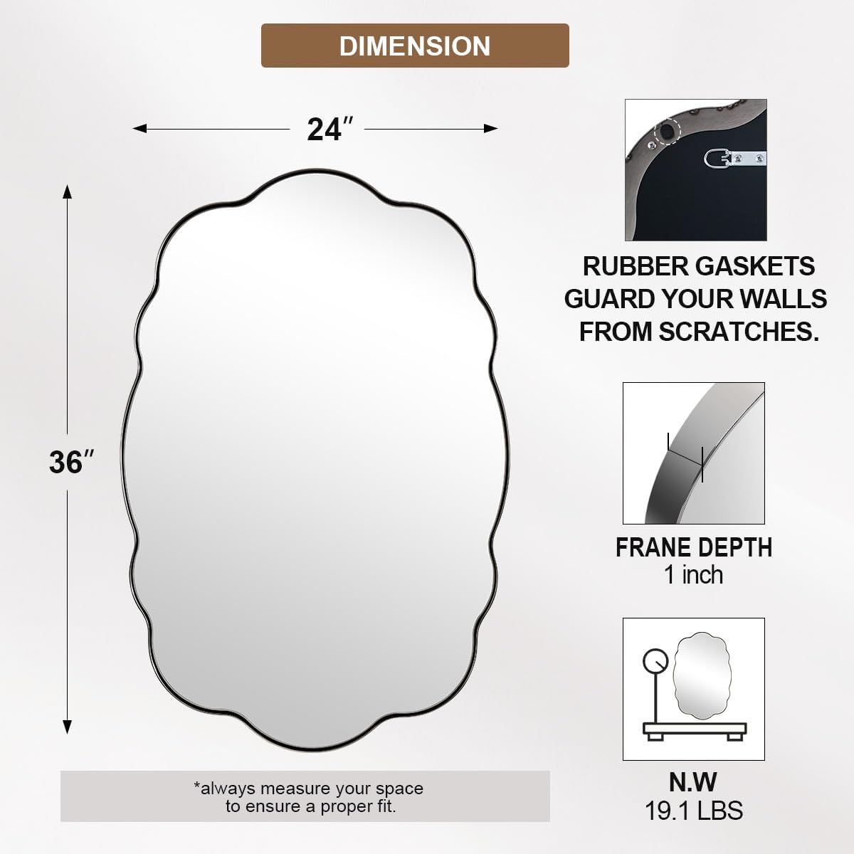 ANDY STAR Chrome Vintage Scalloped Mirror - 24x36 Inch Retro Bathroom Mirror, Unique Irregular Oval Wavy Mirror with Heavy Duty Metal Frame