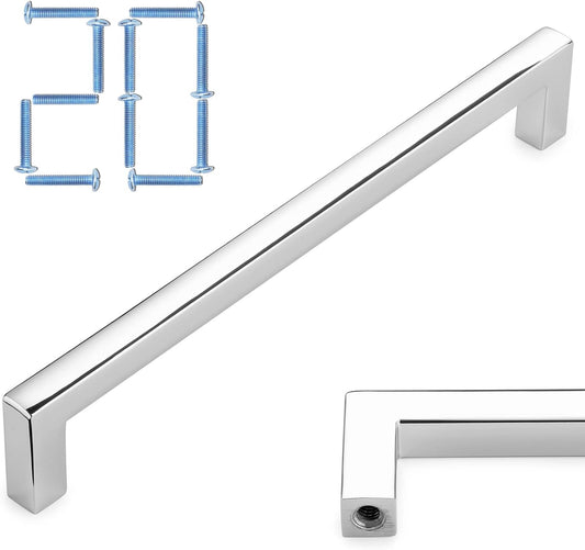 KOOFIZO 20-Pack Solid Square Bar Cabinet Handle - Chrome Furniture Pull, 6.3 Inch/160mm Screwhole Distance for Kitchen Cupboard Door, Bedroom Dresser Drawer, Bathroom Wardrobe Hardware