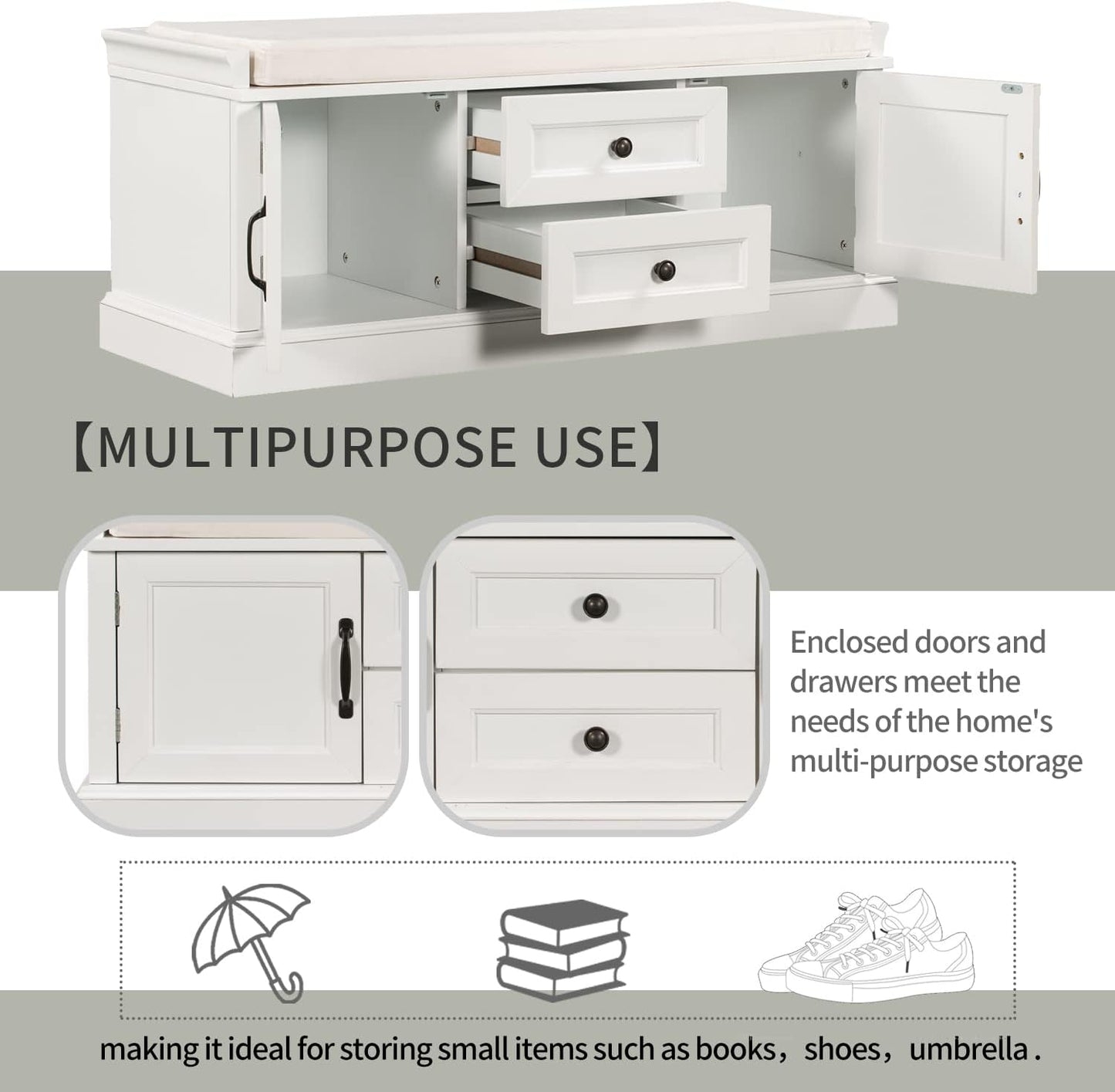 42″ Storage Bench with 2 Drawers and 2 Cabinets，Multipurpose Entryway Shoe Rack W/Removable Cushion，for Living Room Hallway Porch,White