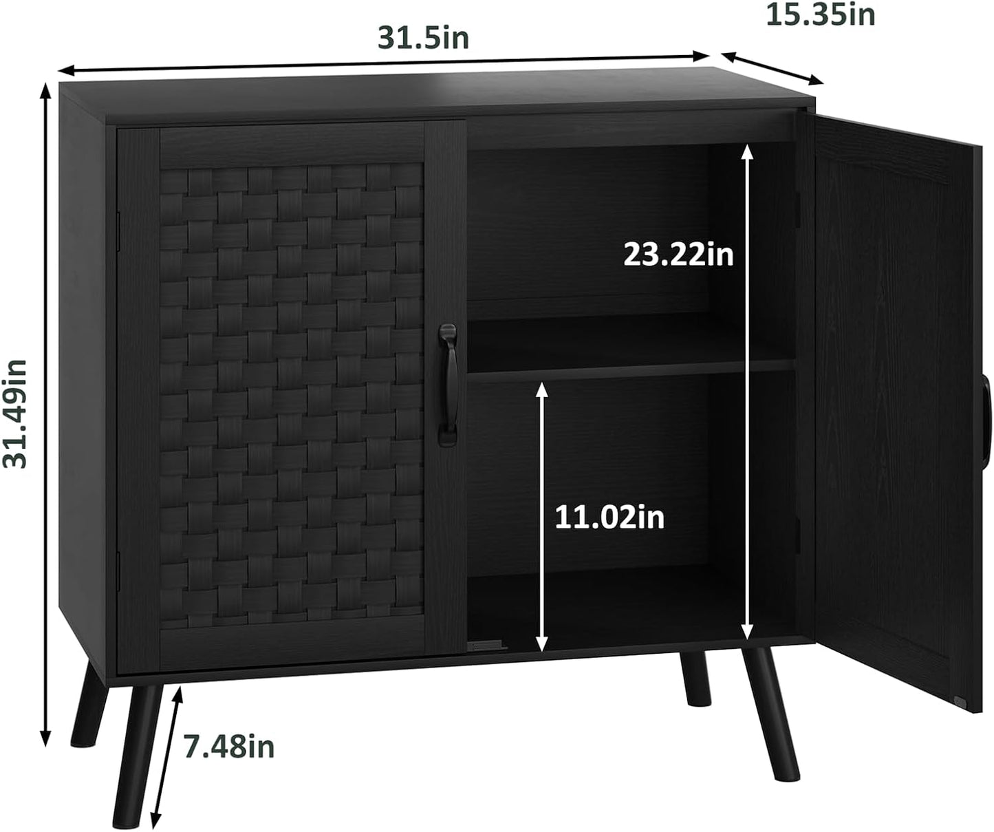 Black Buffet Sideboard Cabinet, Storage Cabinet with Handmade PVC Rattan Decor Doors, Wooden Coffee Station with Adjustable Shelf for Kitchen, Living Room, Entryway