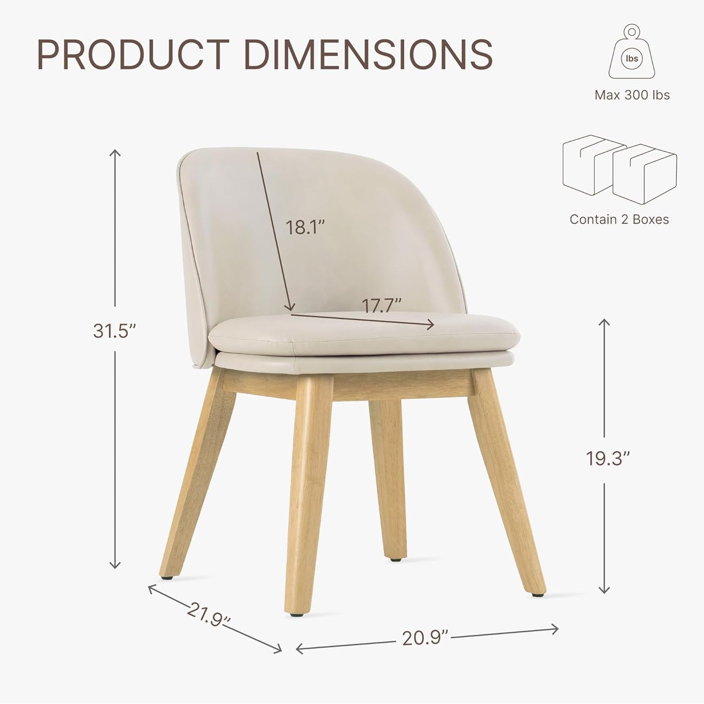 Wooden Dining Chairs Set of 4, Faux Leather Upholstered Modern Dining Room Chairs with Double-Layer Thick Seat Cushion & Ergonomic Backrest for Restaurant, Kitchen and Café, Beige, 2 Boxs