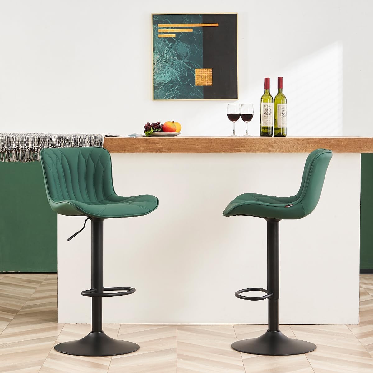 YOUNUOKE Bar Stools Set of 2, Counter Height Stools for Kitchen, 24 inch Swivel Barstools, Adjustable Island Chairs with Back, Dark Green