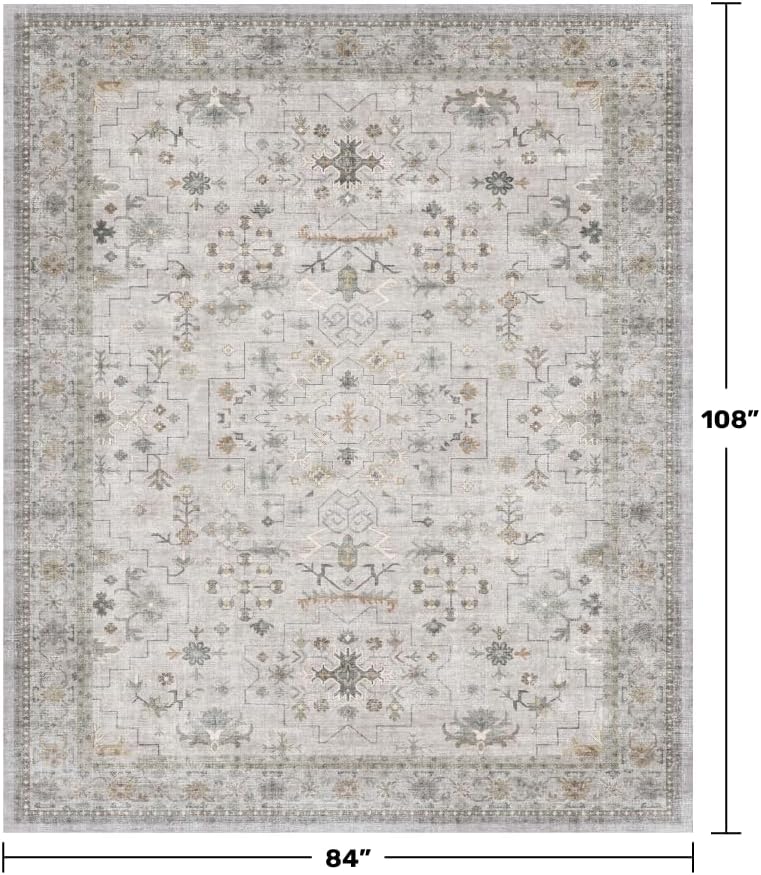Boho Light Grey Living Room Rug 7x9 - Modern Eclectic Floral Paste Neutral Taupe, Washable Low Pile Non-Slip Large Area Rugs for Dining Under Table, Bedroom Under Bed