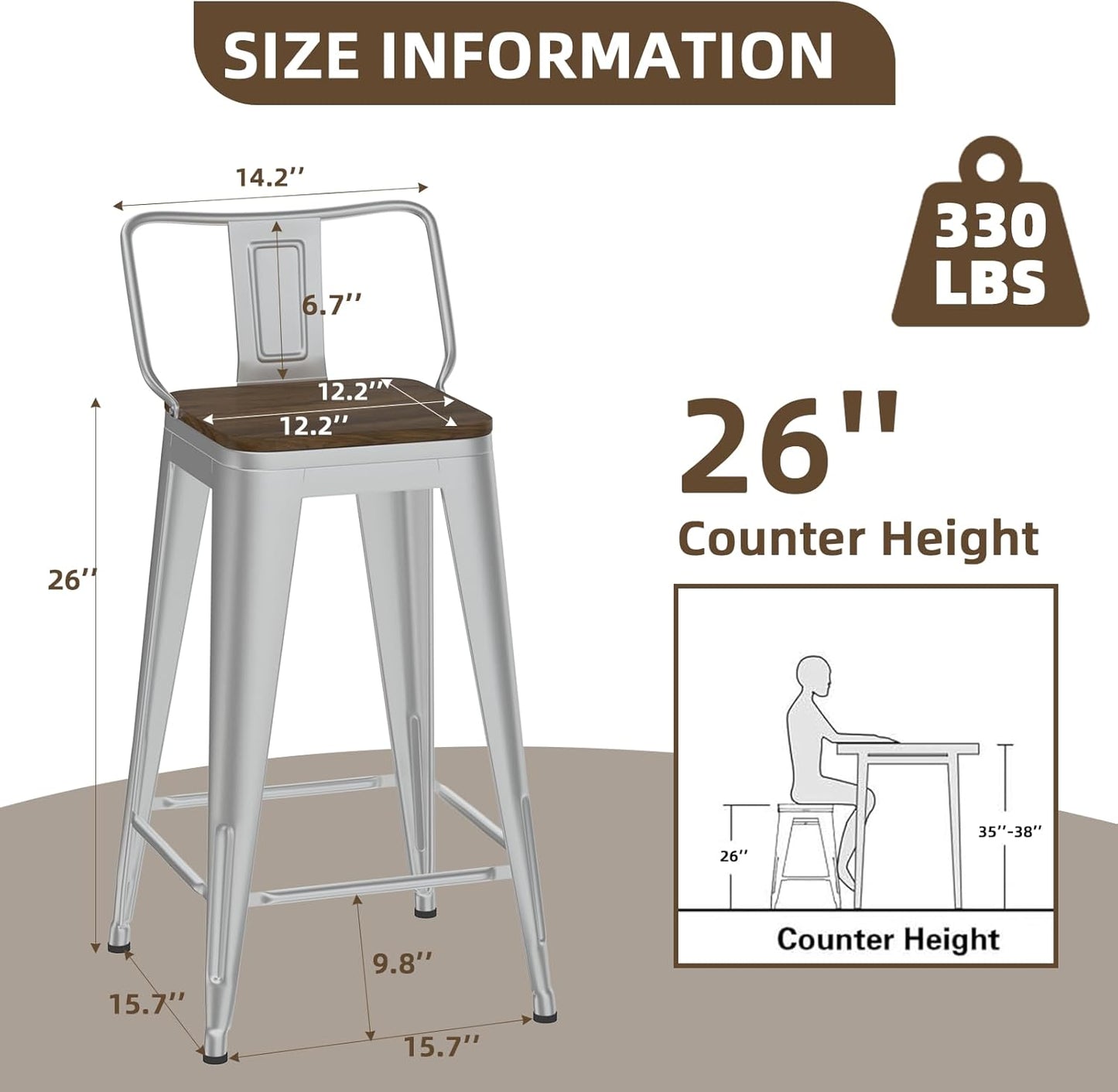 26 Inch Swivel Bar Stools Set of 4, Counter Height Bar Stools with Low Back, Metal Industrial Bar Chairs for Kitchen Island (Silver)