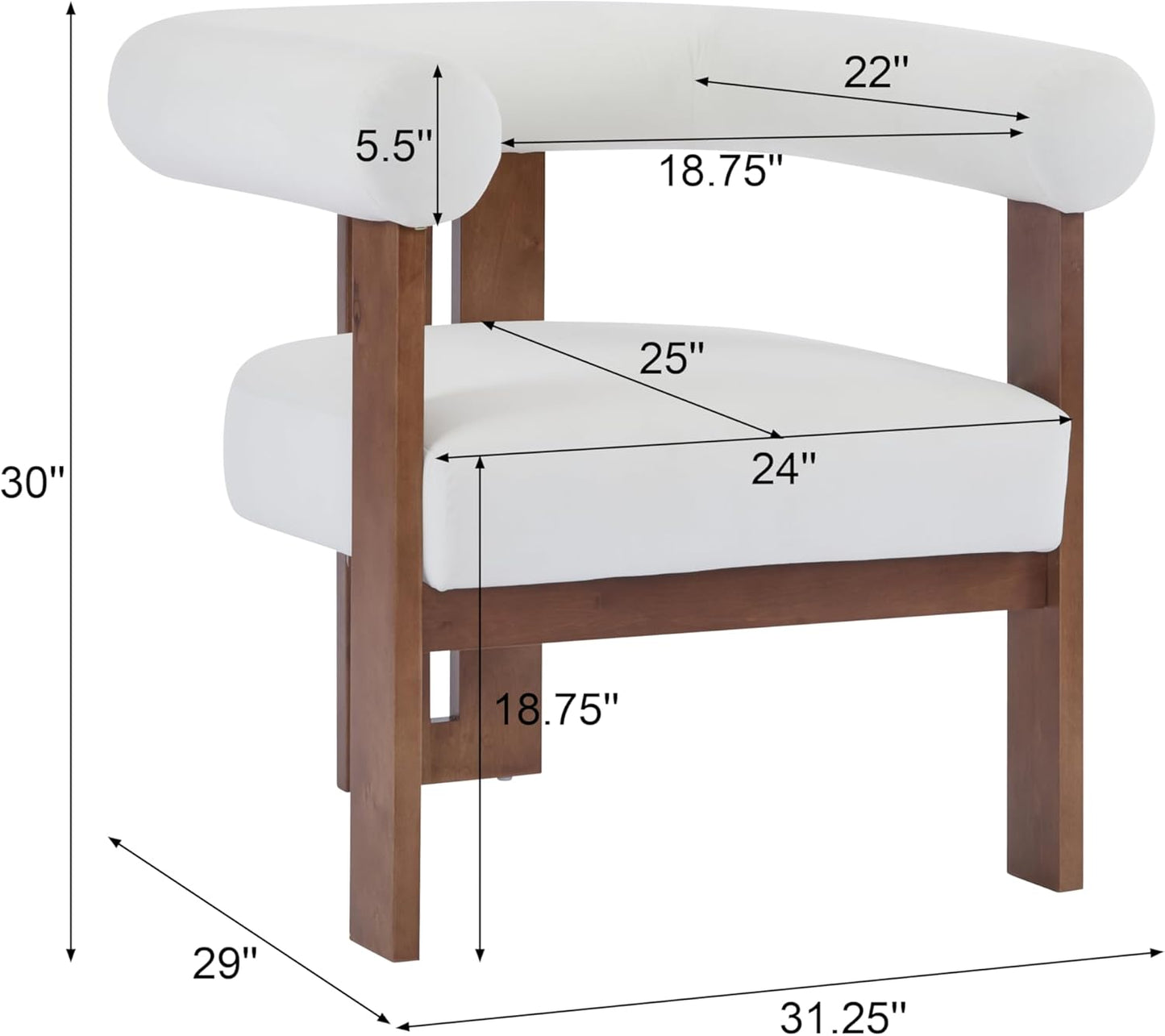 Christopher Knight Home Modern Velvet Upholstered Accent Chair for Living Room, Home Office, Apartment, Arm Chair with Curve Backrest and Birch Wood Legs, Three Legs Structure, White and Brown