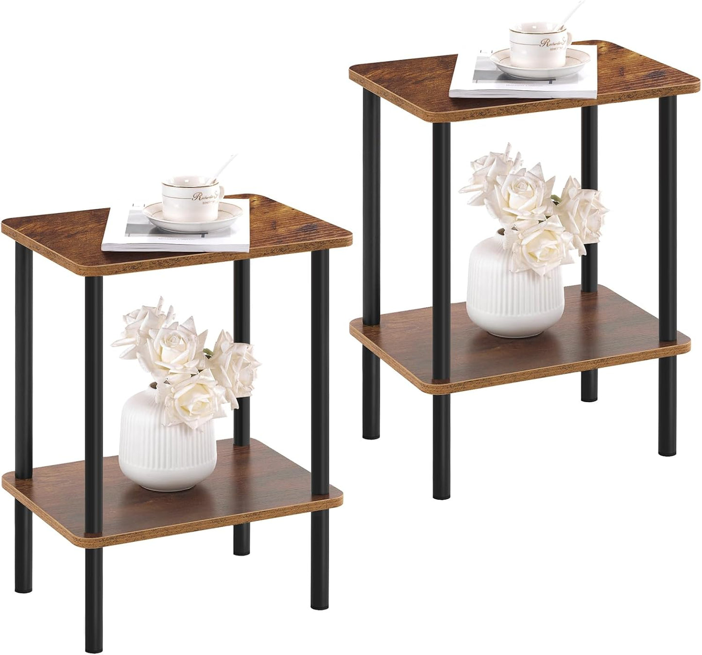 Apicizon 2 Tier End Table Set of 2, Small Side Table with Solid Wood Legs, Boho Bedside Table with Storage Shelf, Nightstand for Small Spaces, Bedroom, Living Room, Entryway, Easy Assembly, Brown