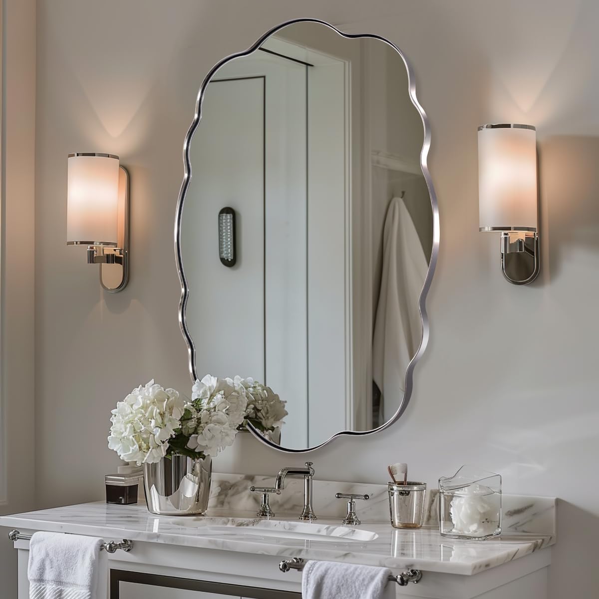 ANDY STAR Chrome Vintage Scalloped Mirror - 24x36 Inch Retro Bathroom Mirror, Unique Irregular Oval Wavy Mirror with Heavy Duty Metal Frame