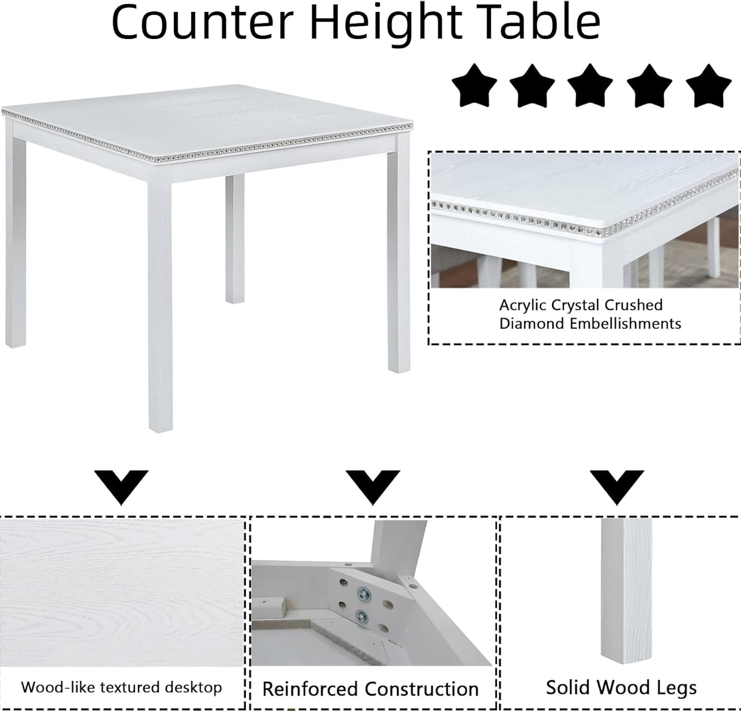 Dining Table Set for 4, 5-Piece Dining Room Table Set with Square Crystal Decoration Table & 4 Upholstered Backrest Chairs, Counter Height Kitchen Sets with Faux Wood Grain Design, White