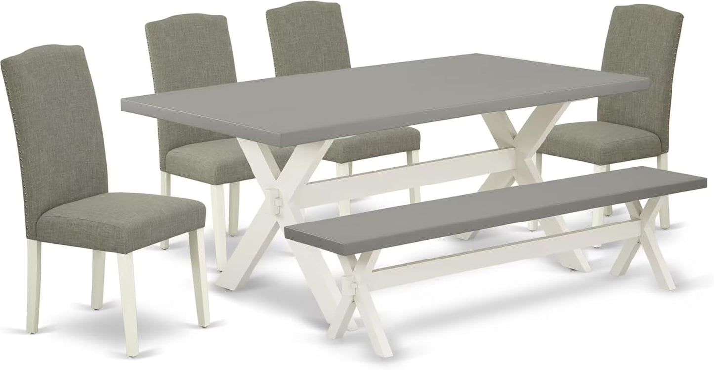 East West Furniture X097EN206-6 6 Piece Dining Set Contains a Rectangle Dining Room Table with X-Legs and 4 Dark Shitake Linen Fabric Parson Chairs with a Bench, 40x72 Inch, Multi-Color