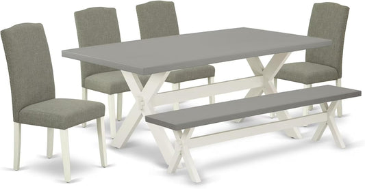 East West Furniture X097EN206-6 6 Piece Dining Set Contains a Rectangle Dining Room Table with X-Legs and 4 Dark Shitake Linen Fabric Parson Chairs with a Bench, 40x72 Inch, Multi-Color