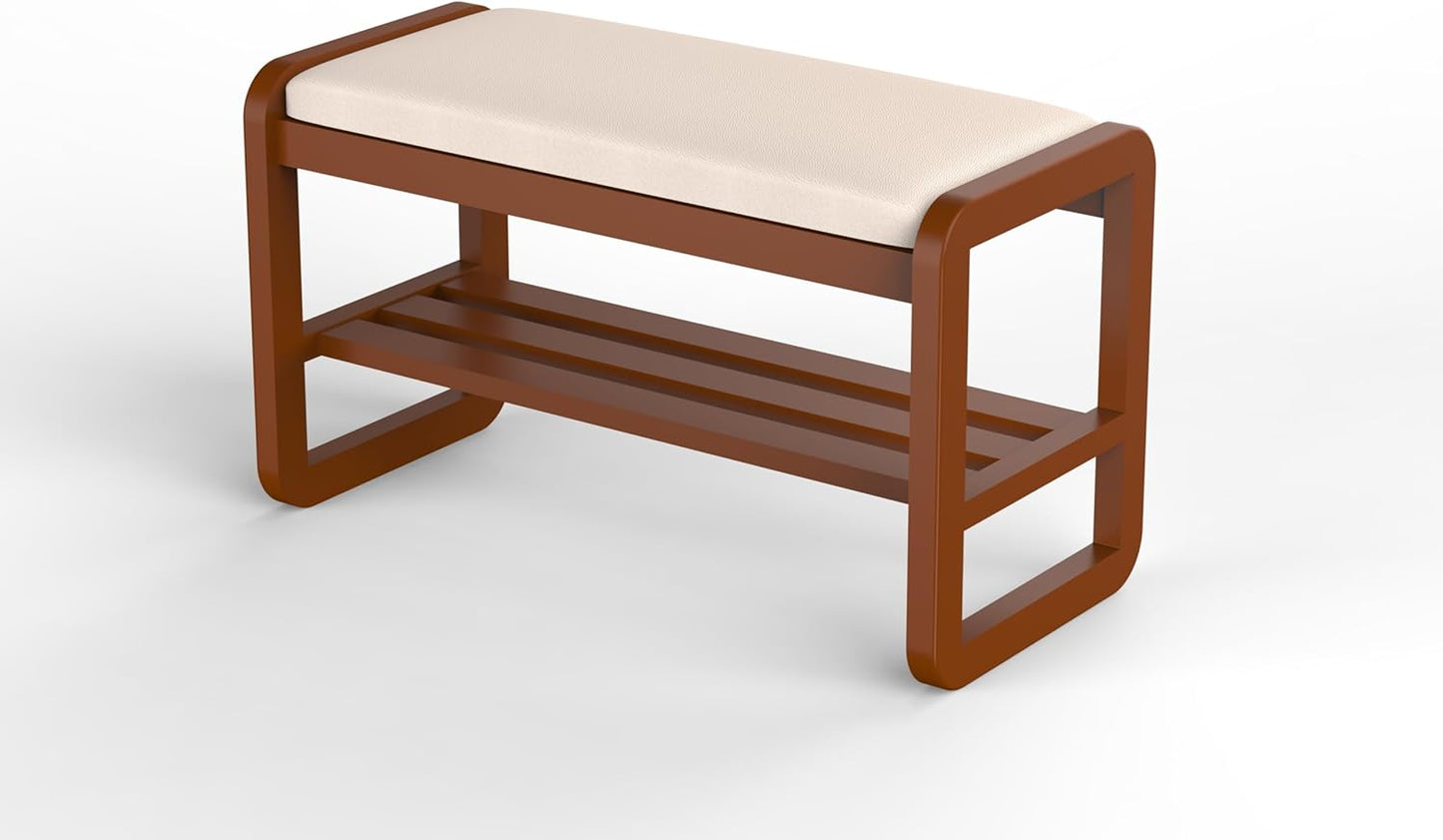 Solid Wood Shoe Rack, 2 Tier Shoe Storage Bench with Cushion Seat, 8 Pair Shoe Organizer for Entryway, Cherrywood, 32 Inch