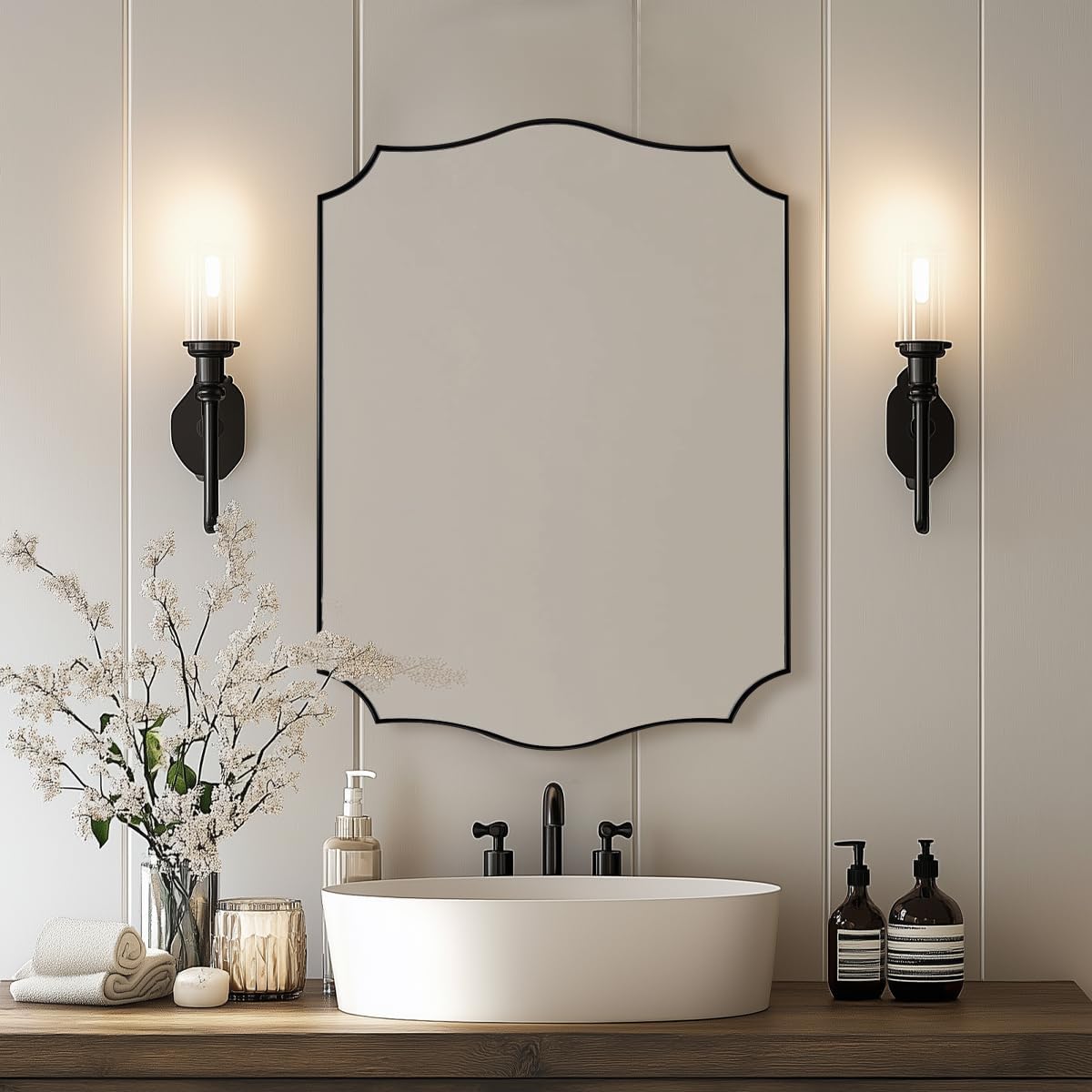 Black Wall Mirror, 24x36 Scalloped Mirror for Bathroom, Anti-Rust Metal Frame Vanity Mirrors for Living Room, Bedroom, Fireplace