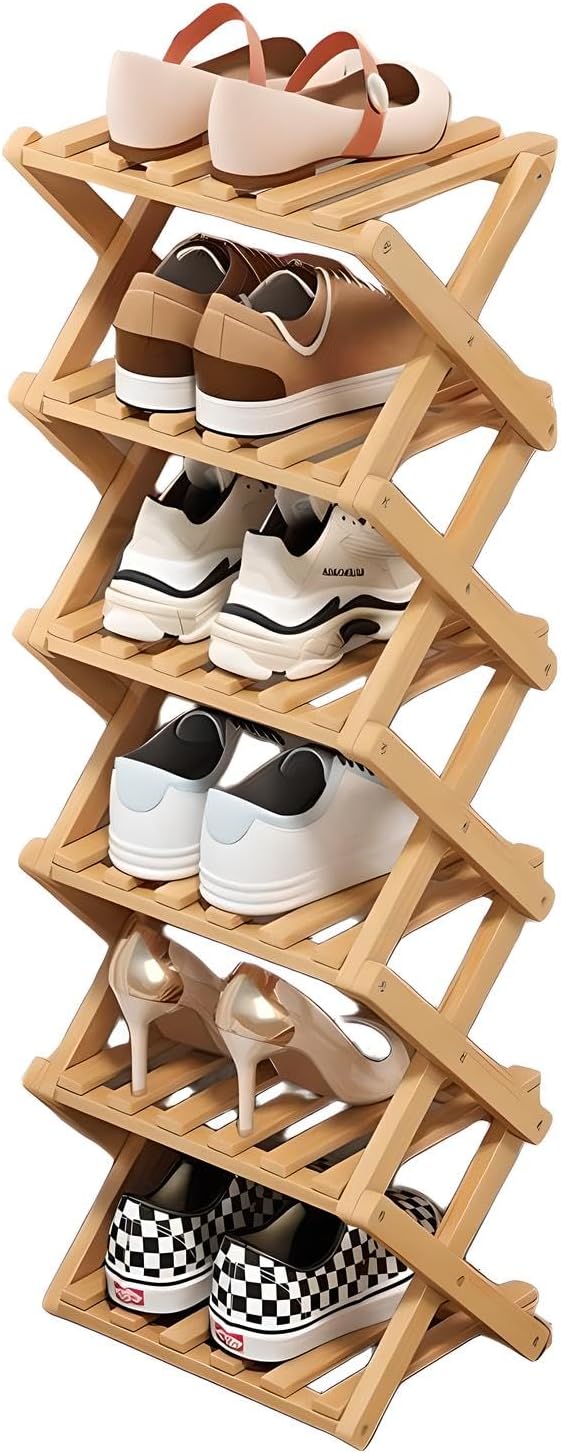 Simcat Wood Shoe Rack Foldable Shoe Organizer Shoe Storage for Small Spaces Free Standing Shelf for Entryway, Bedroom, Garage (6 Tiers,Primary Colors)