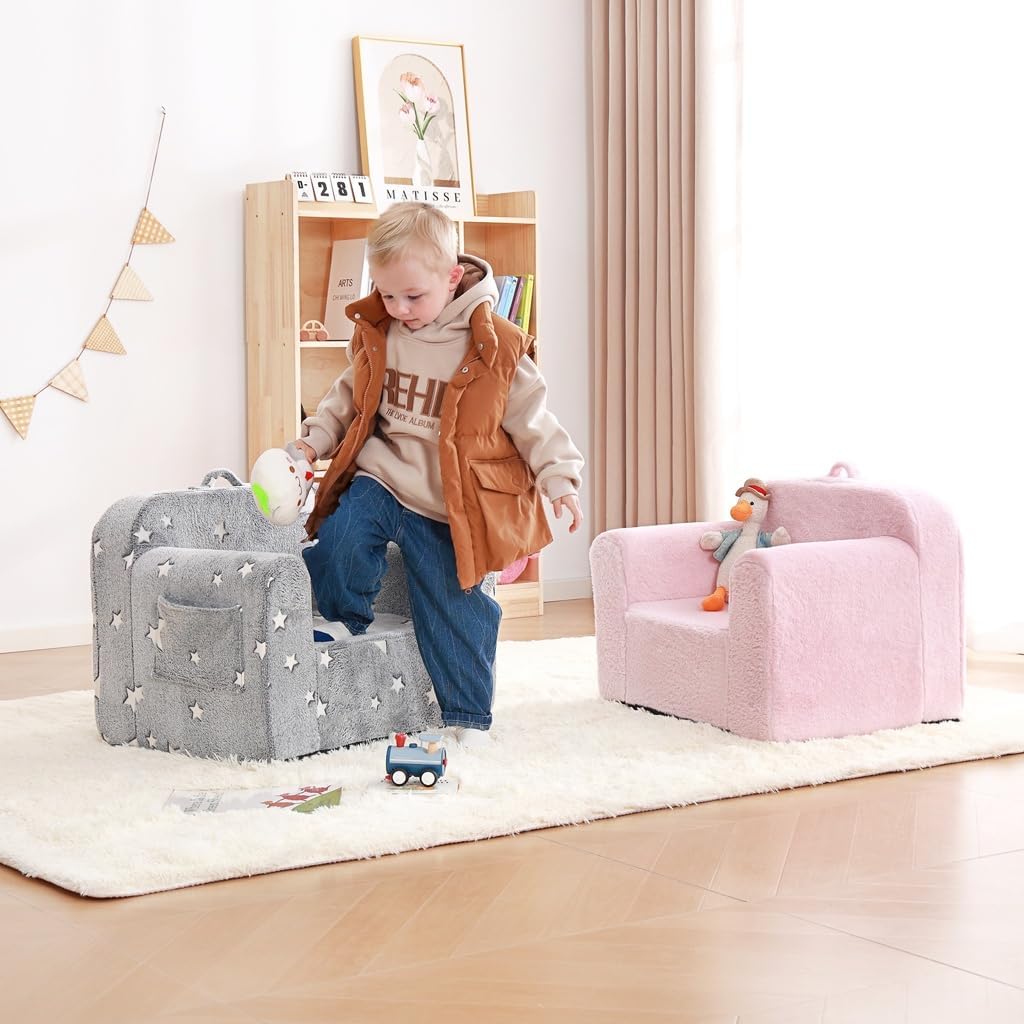 Toddler Chair Plush Kids Couch, Comfy Glow in The Dark Armchair with Removable and Washable Cover Carrying Handle Kids Sofa, Convertible Reading Chair Toddler Couch for Girls and Boys