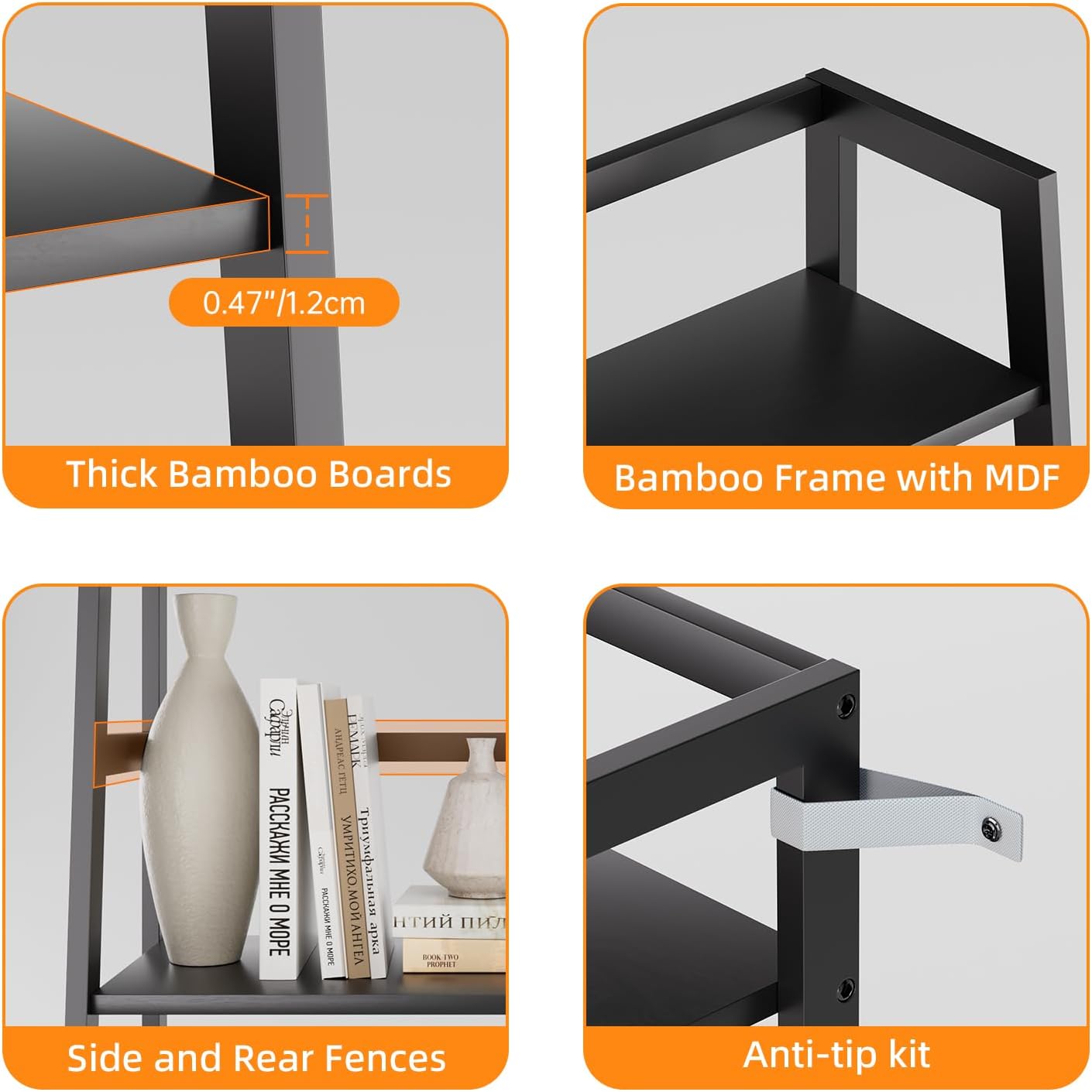 HITNET Ladder Shelf Black, 4-Tier Bookshelf, Freestanding Bathroom Storage Rack with Bamboo Frame, Plant Display Stand for Living Room, Kitchen, Home Office