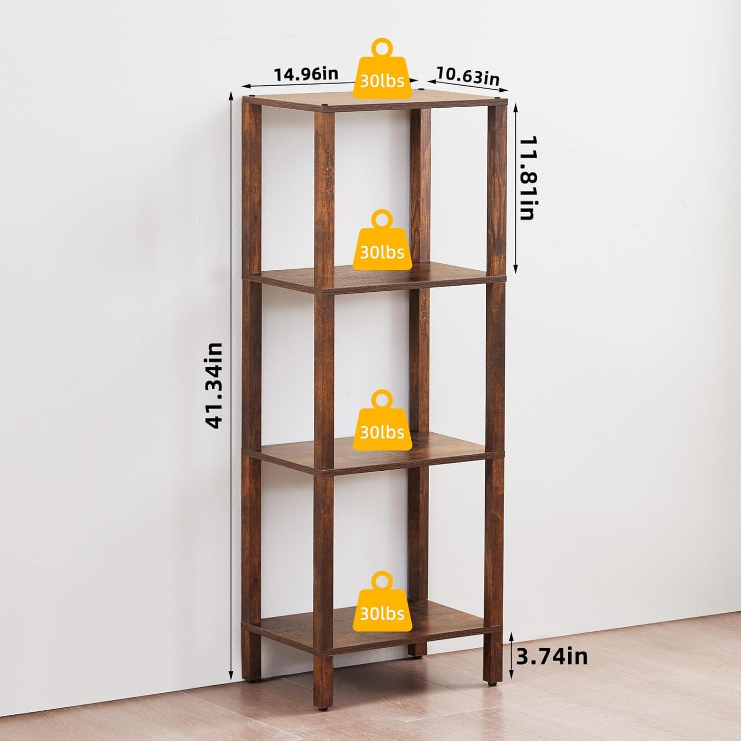 4 Tier Tall Wooden Bookshelf with Storage - Small Bookcase for Small Spaces, Shelf for Living Room, Office, Bedroom, Kitchen - Industrial Retro Brown Book Shelf