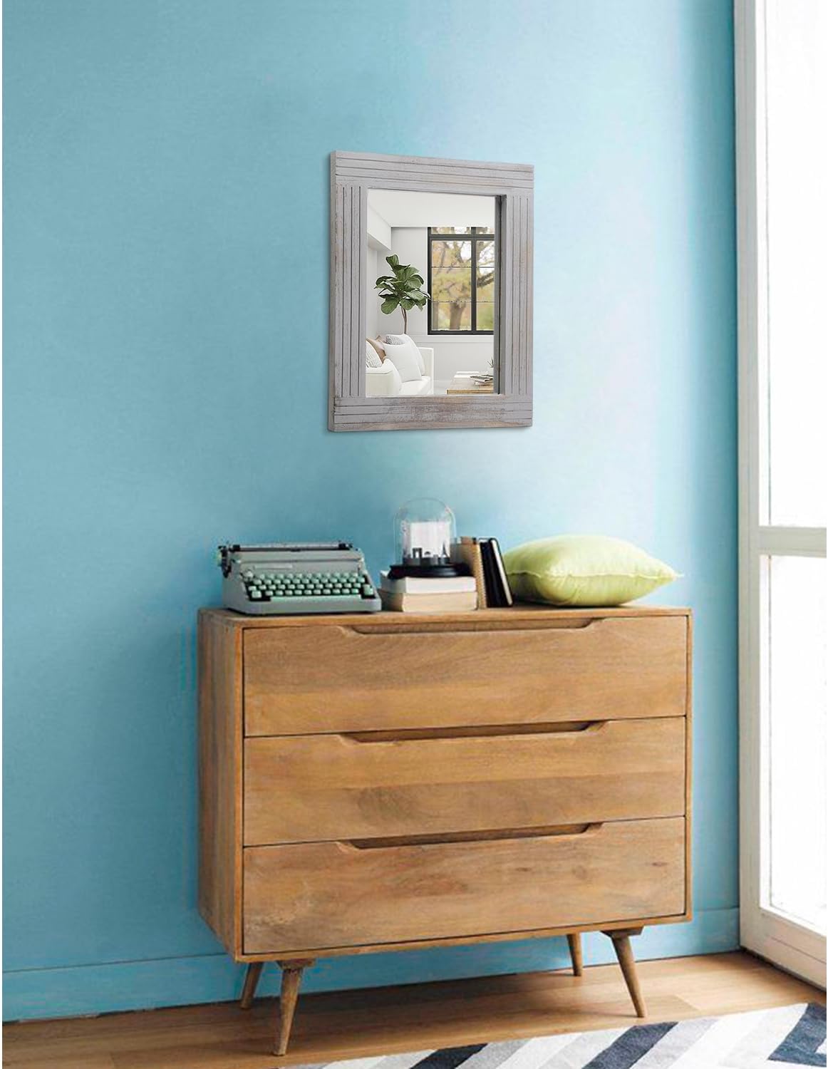 Rustic Wall Mirror Farmhouse, with Frame Wood Wall Mirror Rectangle Antique Decor Hanging Mirror for Bathroom Living Room Bedroom Entryway Small 16" x 12 "