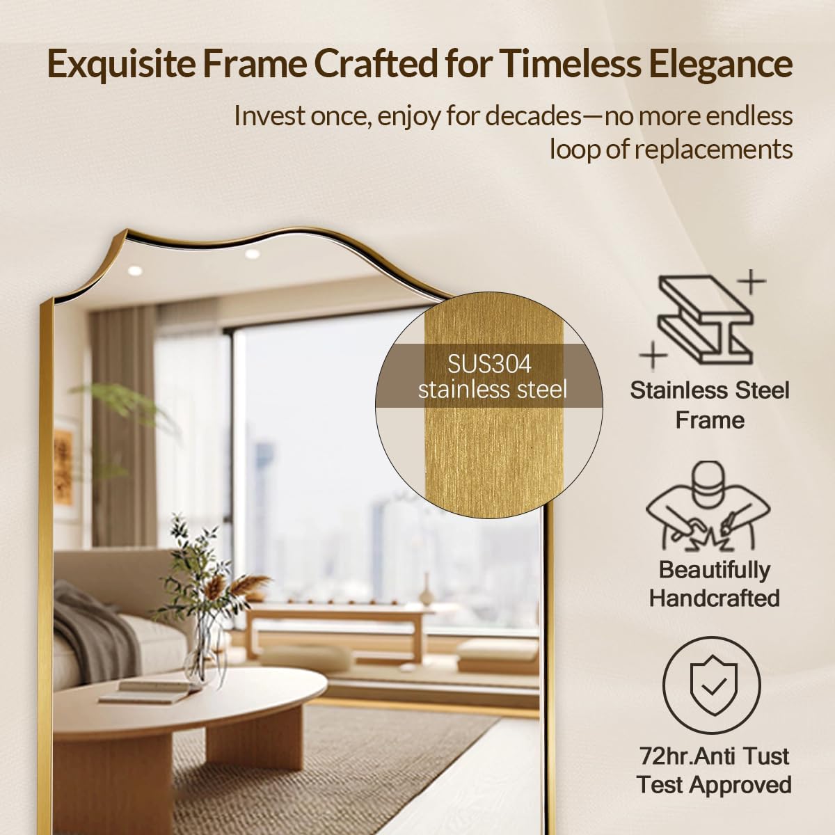 24x32 Gold Mirror, Brushed Gold Scalloped Mirror for Bathroom in Premium Stainless Steel Metal Thin Frame Deep 1", Antique Brass Irregular Wall Mirror Hangs Horizontal or Vertical