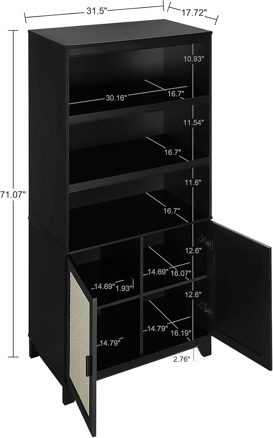 Manhattan Comfort Sheridan Modern Cane Bookcase with Adjustable Open Shelves, Soft Close Doors, and Concealed Compartments, Versatile 3 Tier Bookshelf Storage for Home and Office, Set of 1, Black