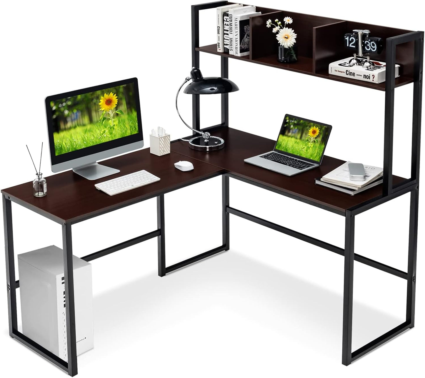 Tangkula Reversible L-Shaped Desk with Hutch, Space Saving Corner Computer Desk with Storage Shelves, Home Office Study Writing Desk Computer Workstation with Storage Bookshelf, Gaming Desk